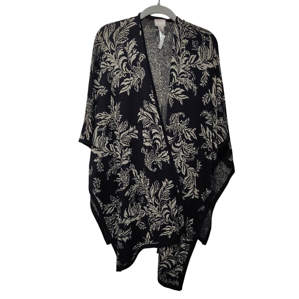 Chicos Women's One Size Black Gold Metallic Open Shawl Wrap Event Formal Party